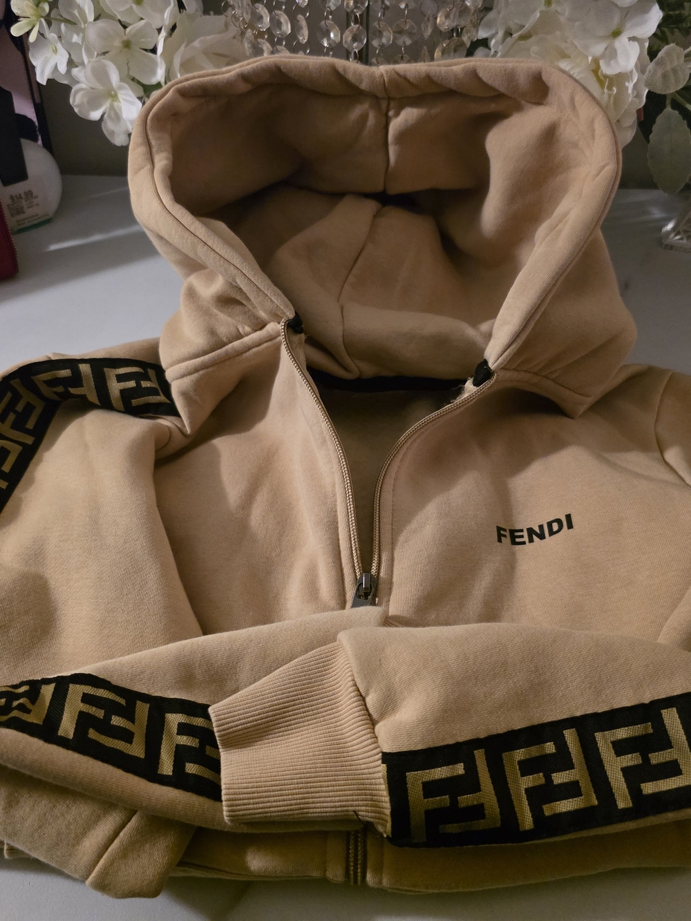 Fendi Beige and Black Hooded Sweatshirt with Logo Trim